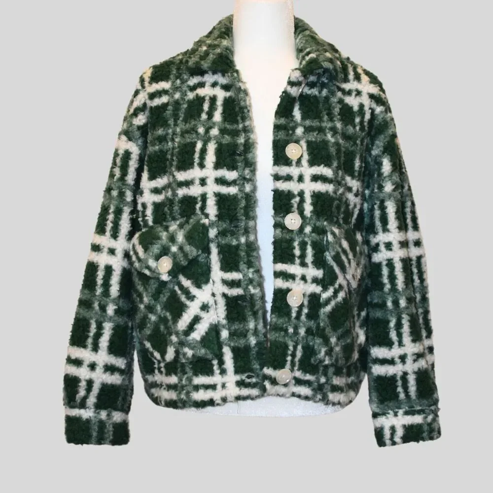 ZARA Women's Combination Plaid Fleece/ Teddy Oversized Jacket Green Size S